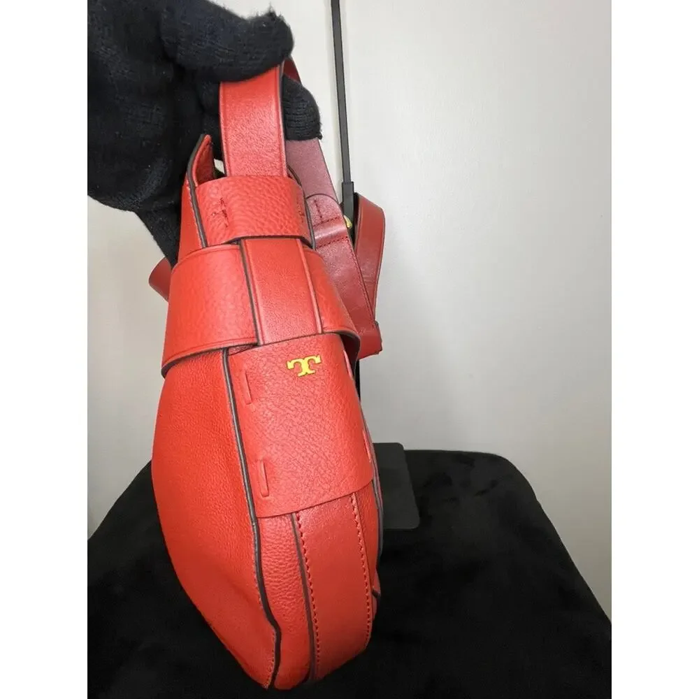 Tory Burch Gemini Link Belted Hobo Red Pebbled Leather Shoulder Bag